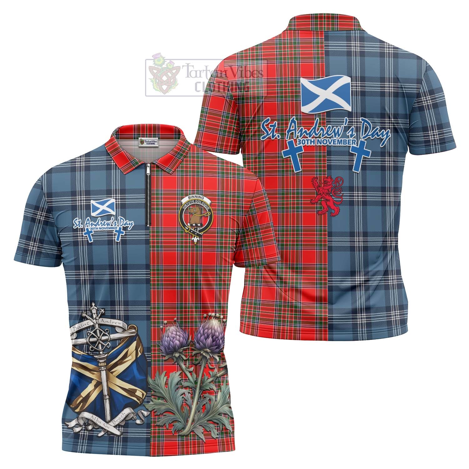 Binning Tartan Zipper Polo Shirt Happy St. Andrew's Day Half Tartan Style Unisex - Tartan Vibes Clothing