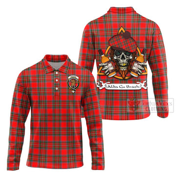 Binning Tartan Long Sleeve Polo Shirt with Family Crest and Bearded Skull Holding Bottles of Whiskey Unisex - Tartan Vibes Clothing