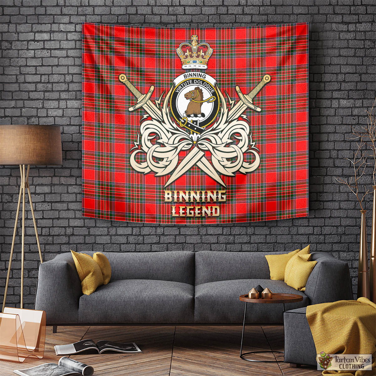 Tartan Vibes Clothing Binning Tartan Tapestry with Clan Crest and the Golden Sword of Courageous Legacy
