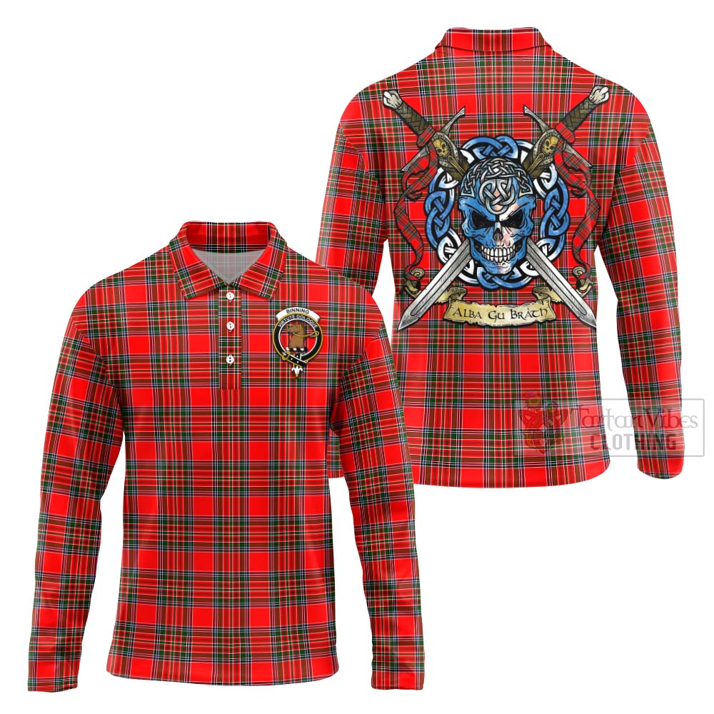 Binning Tartan Long Sleeve Polo Shirt with Family Crest Celtic Skull Style Unisex - Tartan Vibes Clothing