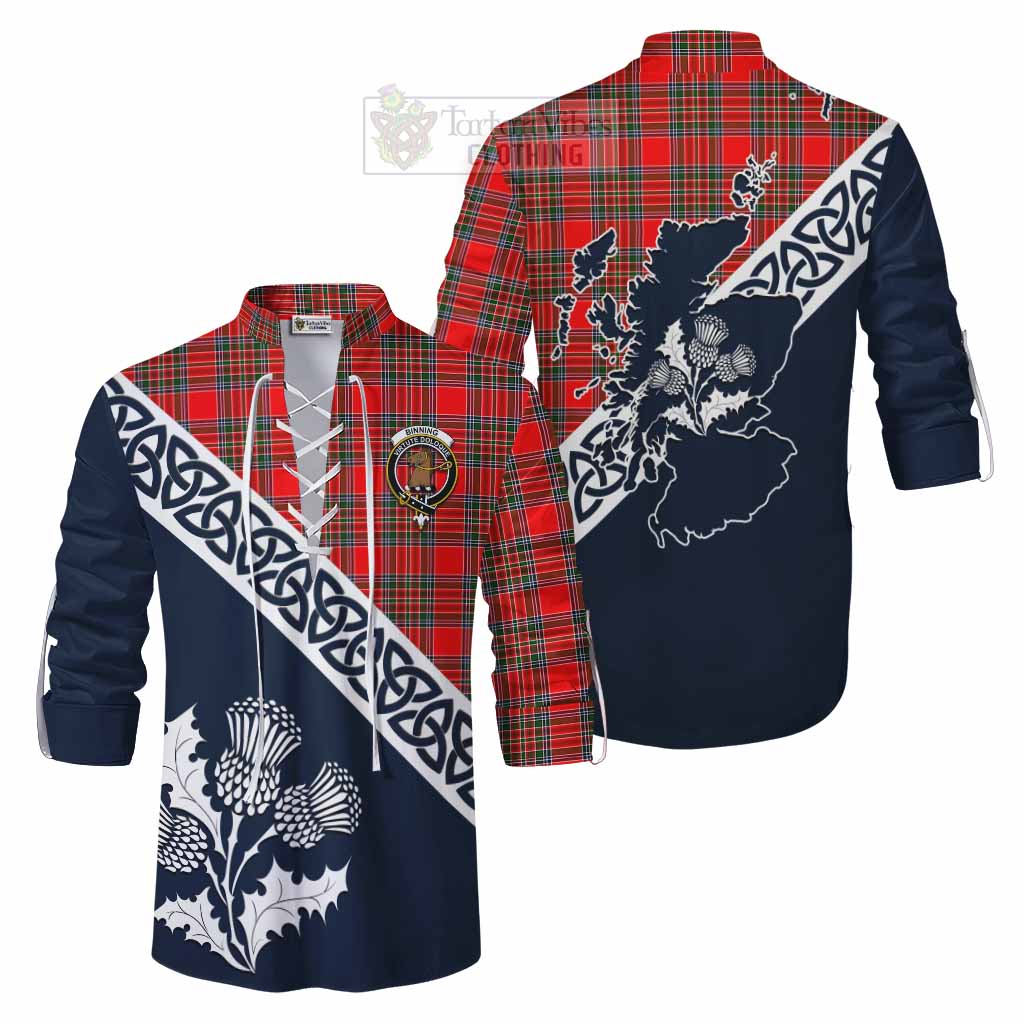 Binning Tartan Ghillie Kilt Shirt Featuring Thistle and Scotland Map Men - Tartan Vibes Clothing