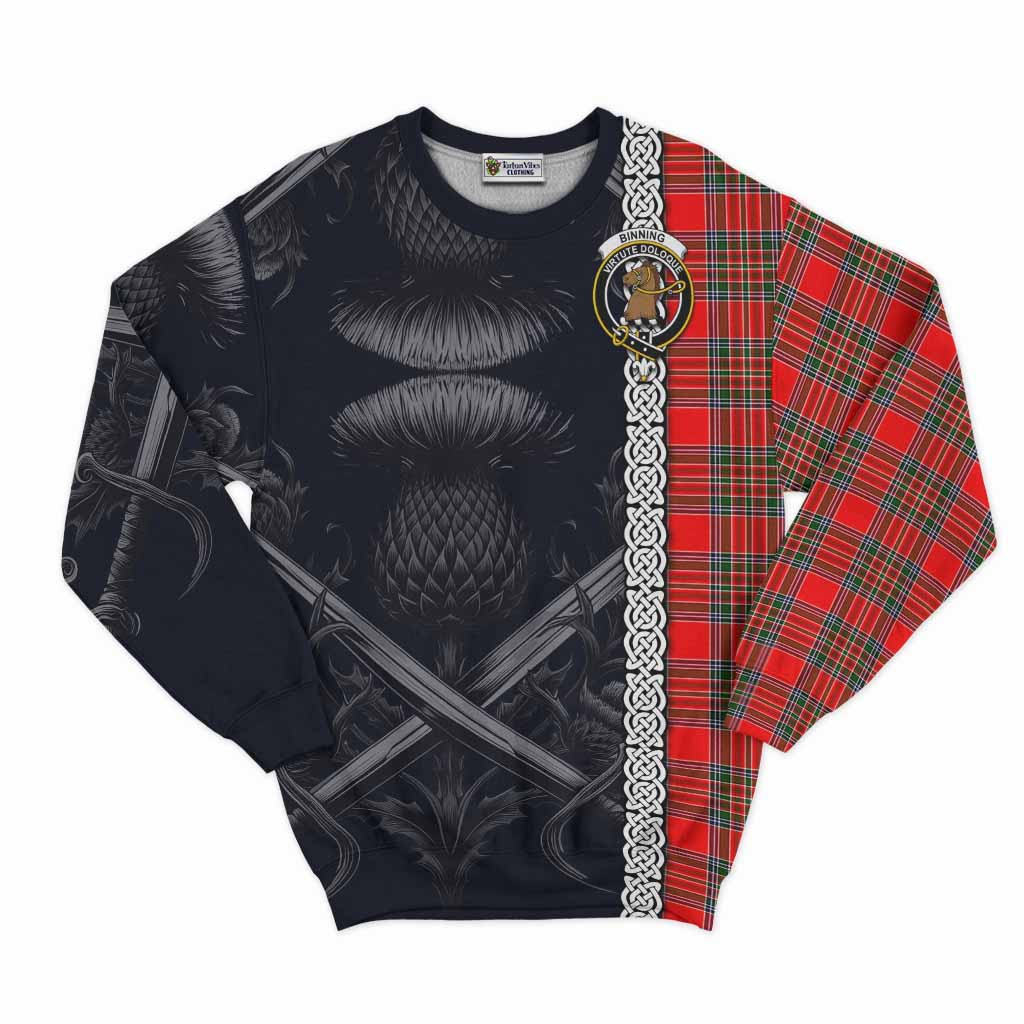 Binning Tartan Sweatshirt with Family Crest Cross Sword Thistle Celtic Vibes Unisex - Tartan Vibes Clothing