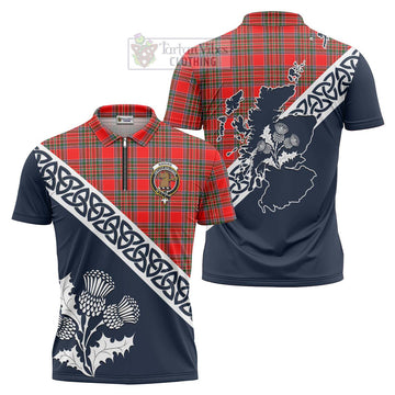 Binning Tartan Zipper Polo Shirt Featuring Thistle and Scotland Map Unisex - Tartanvibesclothing Store