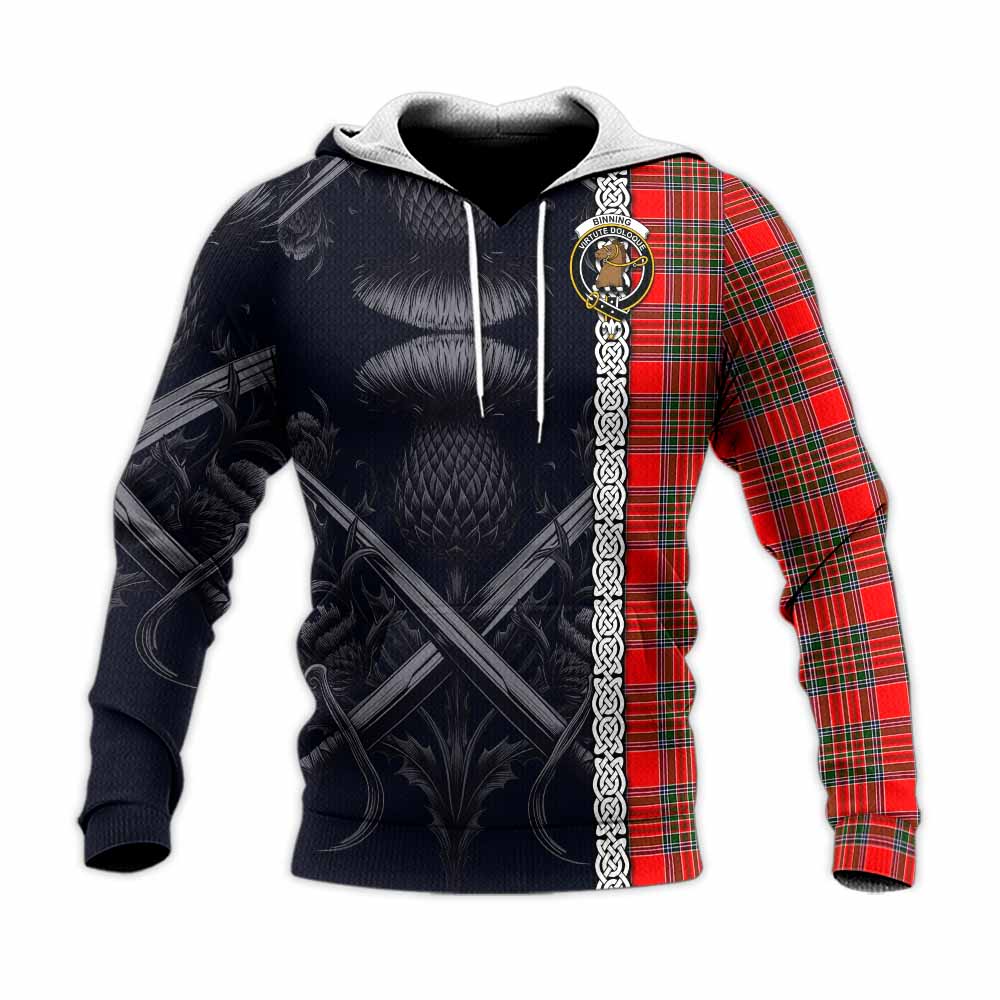 Binning Tartan Knitted Hoodie with Family Crest Cross Sword Thistle Celtic Vibes Unisex Knitted Pullover Hoodie - Tartan Vibes Clothing