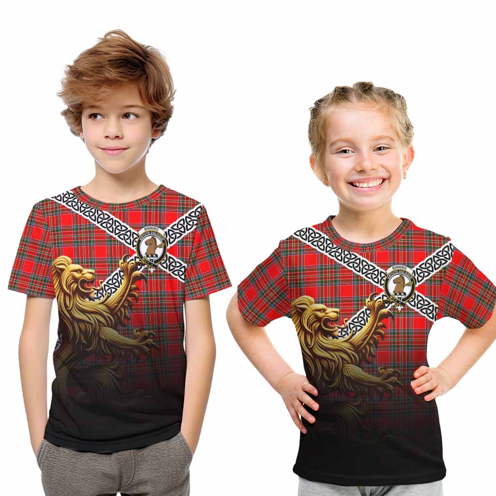 Binning Crest Tartan Kid T-Shirt with Golden Lion Emblem Celtic Style Youth XL Size14 - Tartan Vibes Clothing