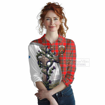 Binning Tartan Women's Casual Shirt with Family Crest and St. Andrew's Cross Accented by Thistle Vines Female - Tartan Vibes Clothing