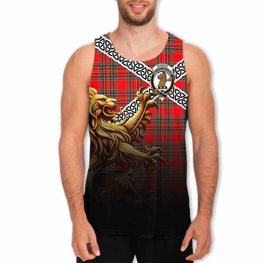 Binning Crest Tartan Men's Tank Top with Golden Lion Emblem Celtic Style Men - Tartan Vibes Clothing