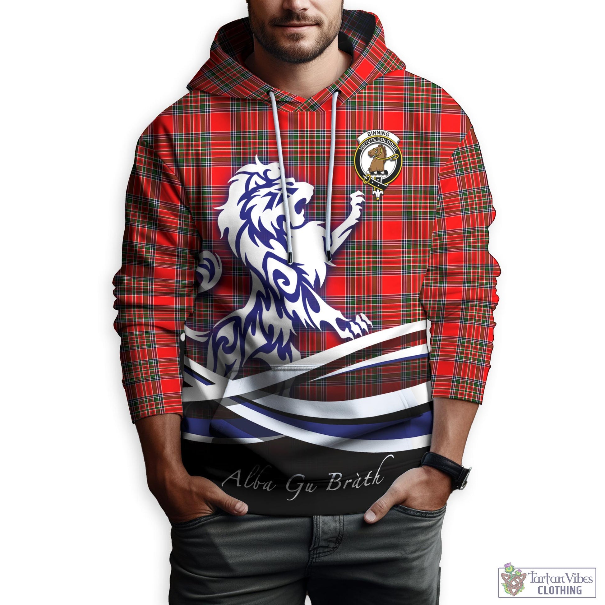 Binning Tartan Hoodie with Alba Gu Brath Regal Lion Emblem Zip Hoodie - Tartan Vibes Clothing
