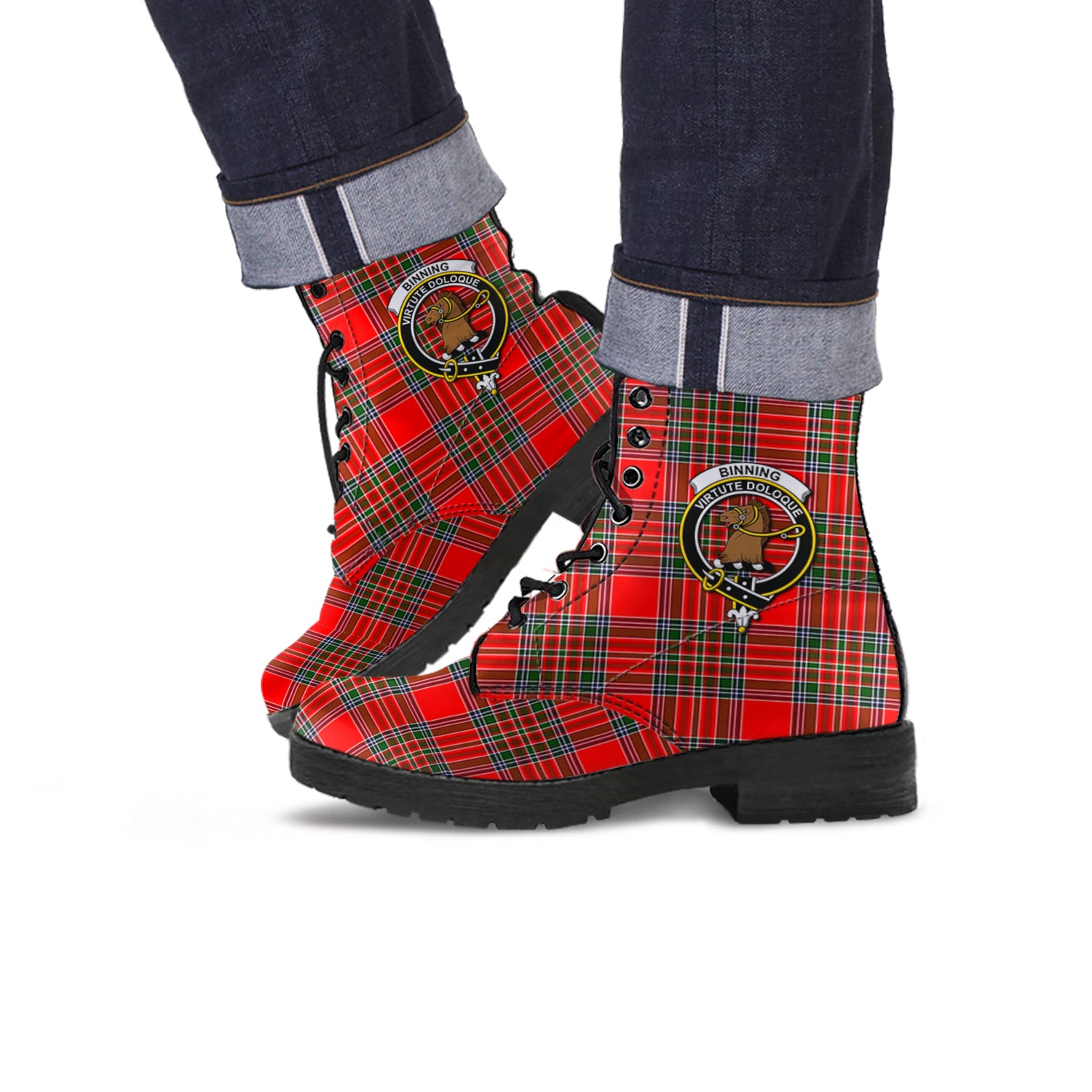 Binning Tartan Leather Boots with Family Crest - Tartanvibesclothing