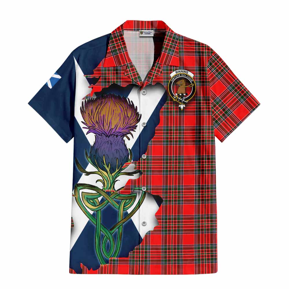 Tartan Vibes Clothing Binning Tartan Family Crest Short Sleeve Button Shirt Scottish Thistle Celtic Inspired