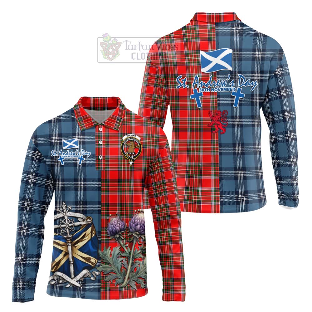 Binning Tartan Long Sleeve Polo Shirt Happy St. Andrew's Day Half Tartan Style Unisex - Tartan Vibes Clothing
