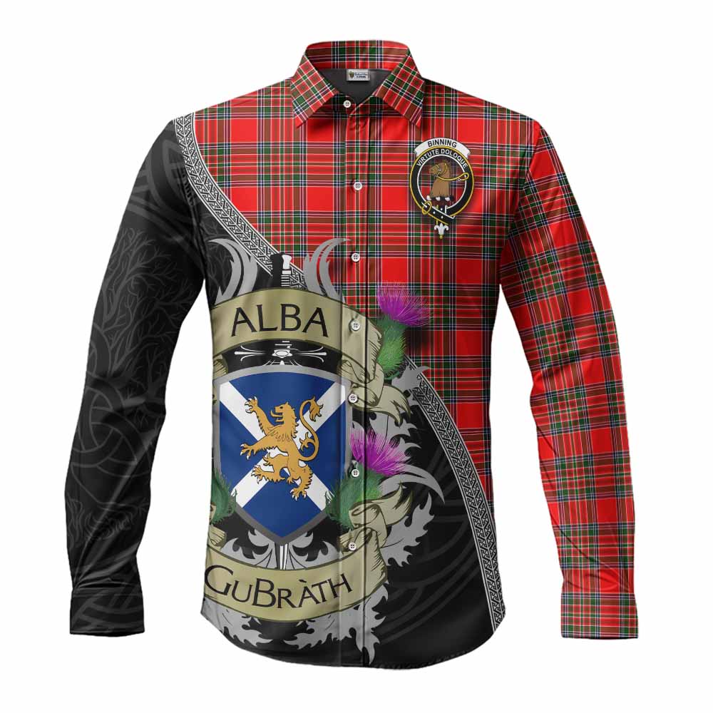 Binning Tartan Family Crest Long Sleeve Button Shirt Lion Rampant Royal Thistle Shield Celtic Inspired Men's Shirt S - Tartan Vibes Clothing