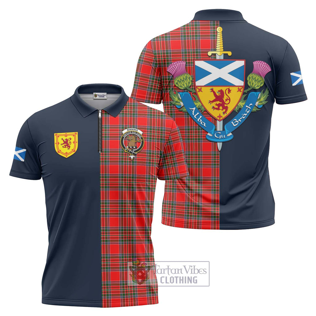 Binning Tartan Zipper Polo Shirt Alba with Scottish Lion Royal Arm Half Style Unisex - Tartan Vibes Clothing