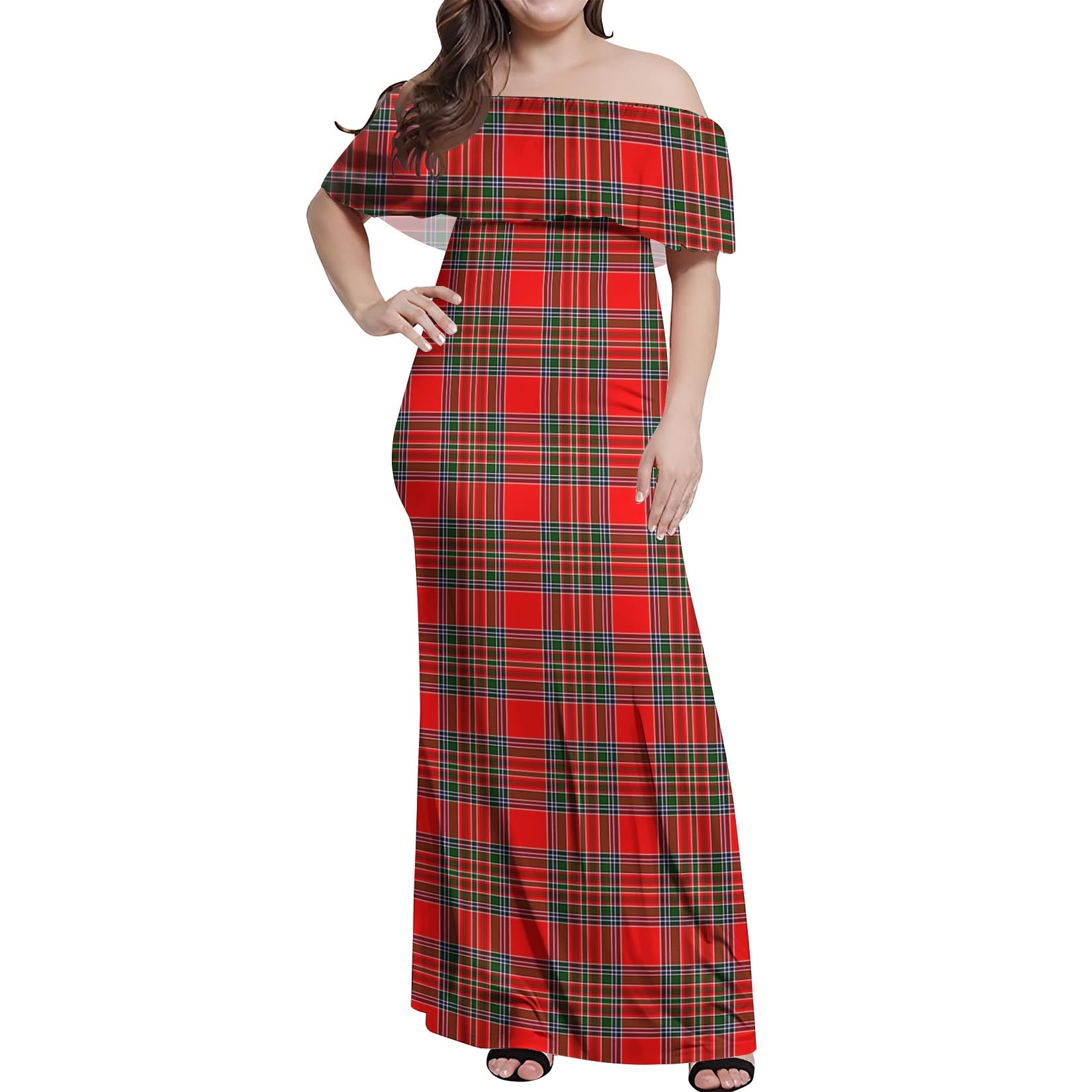Binning Tartan Off Shoulder Long Dress Women's Dress - Tartan Vibes Clothing