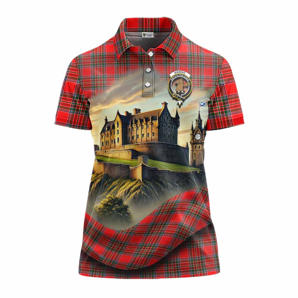 Binning Tartan Family Crest Women's Polo Shirt with Scottish Ancient Castle Style Women - Tartan Vibes Clothing