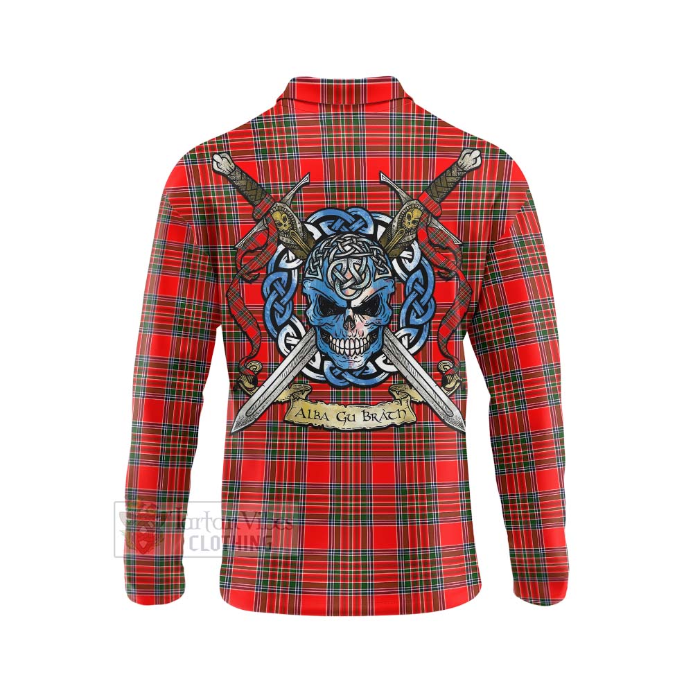 Binning Tartan Long Sleeve Polo Shirt with Family Crest Celtic Skull Style - Tartan Vibes Clothing