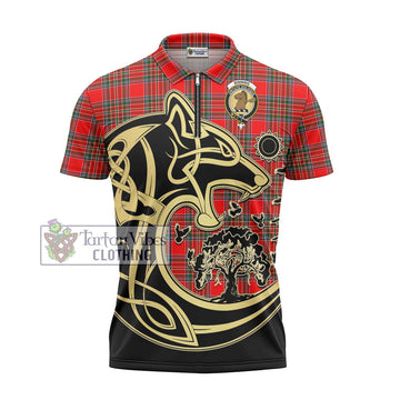 Binning Tartan Zipper Polo Shirt with Family Crest Celtic Wolf Style - Tartan Vibes Clothing