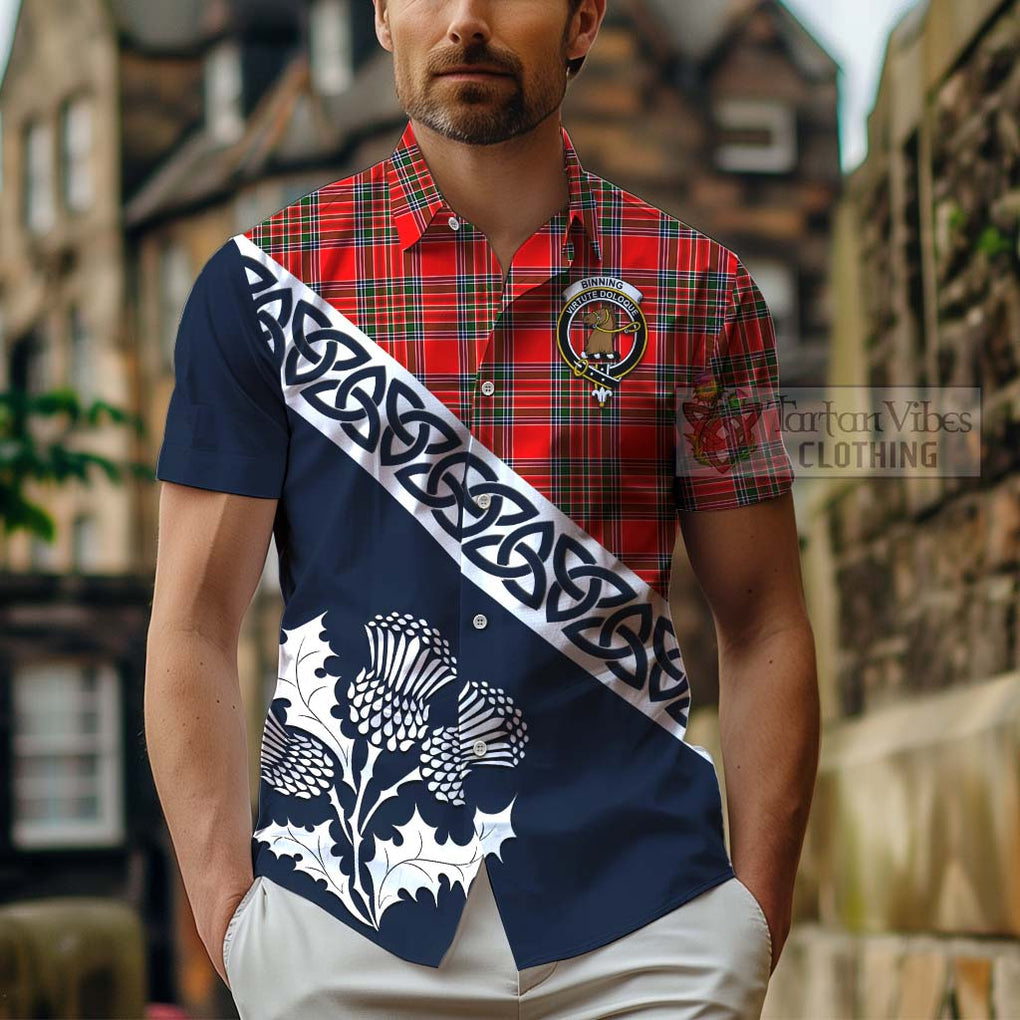 Binning Tartan Hawaiian Shirt Featuring Thistle and Scotland Map - Tartan Vibes Clothing