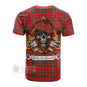 Binning Tartan Cotton T-shirt with Family Crest and Bearded Skull Holding Bottles of Whiskey - Tartan Vibes Clothing