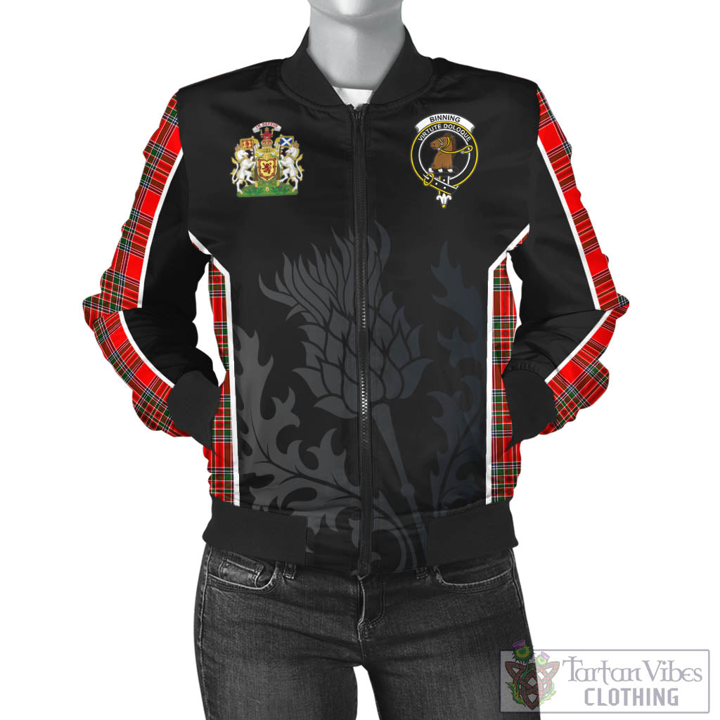 Binning Tartan Bomber Jacket with Family Crest and Scottish Thistle Vibes Sport Style - Tartan Vibes Clothing