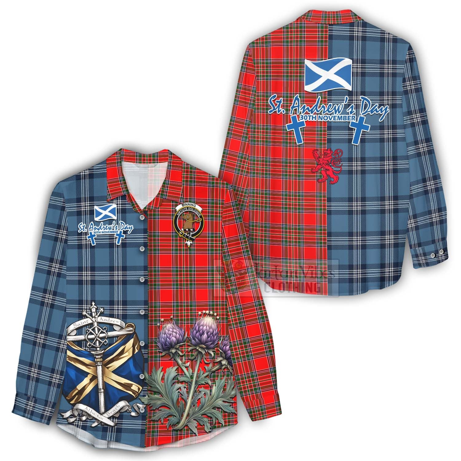 Binning Tartan Women's Casual Shirt Happy St. Andrew's Day Half Tartan Style - Tartan Vibes Clothing