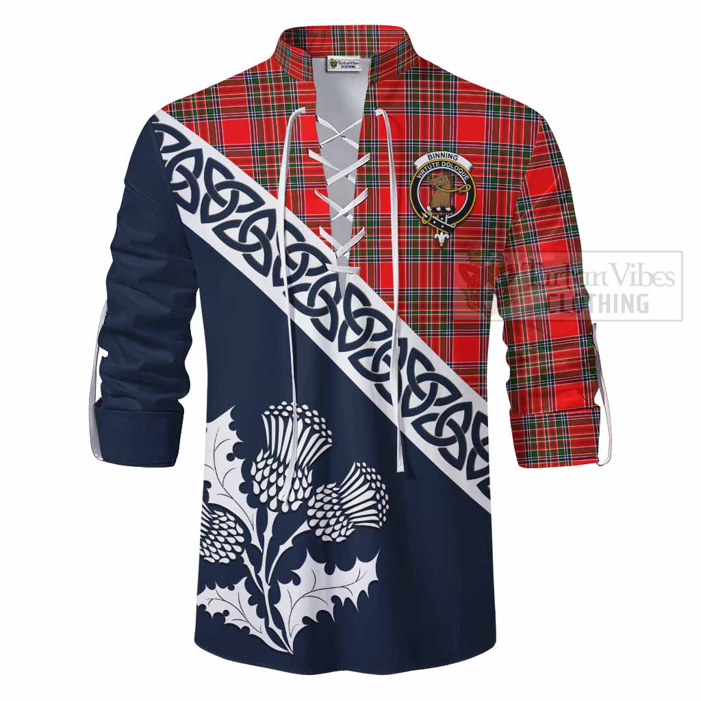 Binning Tartan Ghillie Kilt Shirt Featuring Thistle and Scotland Map - Tartan Vibes Clothing