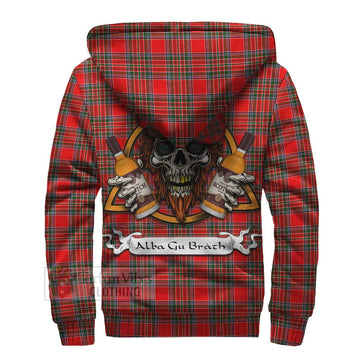 Binning Tartan Sherpa Hoodie with Family Crest and Bearded Skull Holding Bottles of Whiskey - Tartan Vibes Clothing