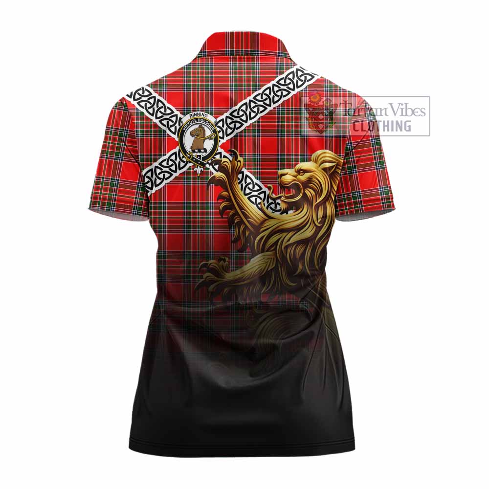 Binning Crest Tartan Women's Polo Shirt with Golden Lion Emblem Celtic Style - Tartan Vibes Clothing