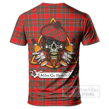 Binning Tartan T-Shirt with Family Crest and Bearded Skull Holding Bottles of Whiskey - Tartan Vibes Clothing