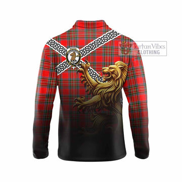 Binning Crest Tartan Long Sleeve Polo Shirt with Golden Lion Emblem Celtic Style - Tartan Vibes Clothing