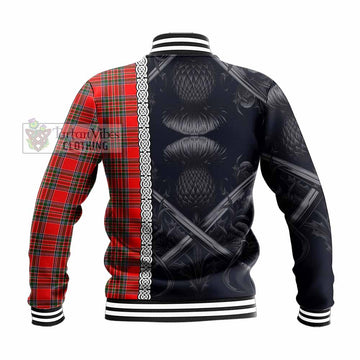 Binning Tartan Baseball Jacket with Family Crest Cross Sword Thistle Celtic Vibes - Tartan Vibes Clothing