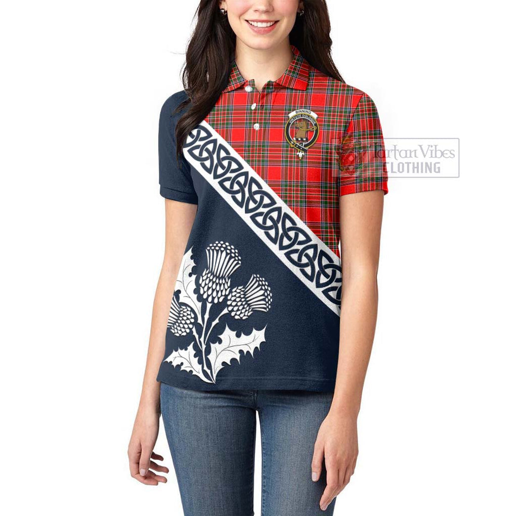 Binning Tartan Women's Polo Shirt Featuring Thistle and Scotland Map - Tartanvibesclothing Store