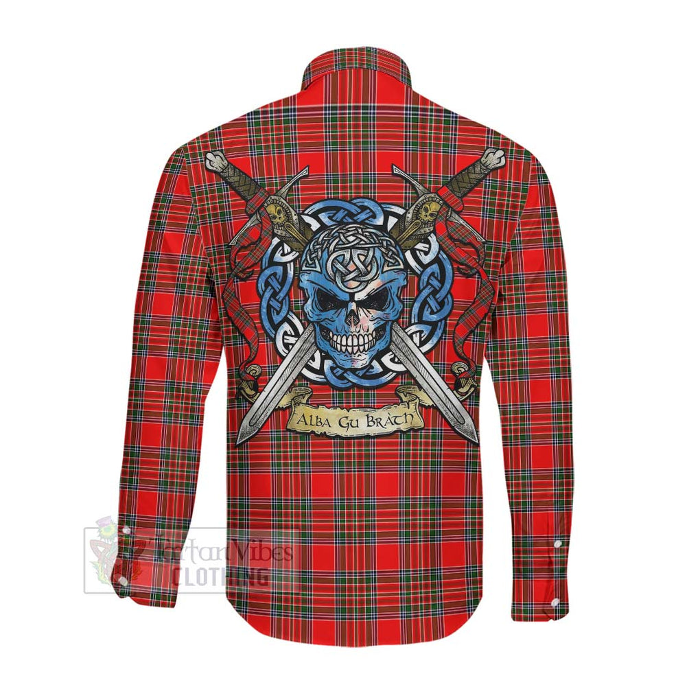Binning Tartan Long Sleeve Button Shirt with Family Crest Celtic Skull Style Men's Shirt - Tartan Vibes Clothing