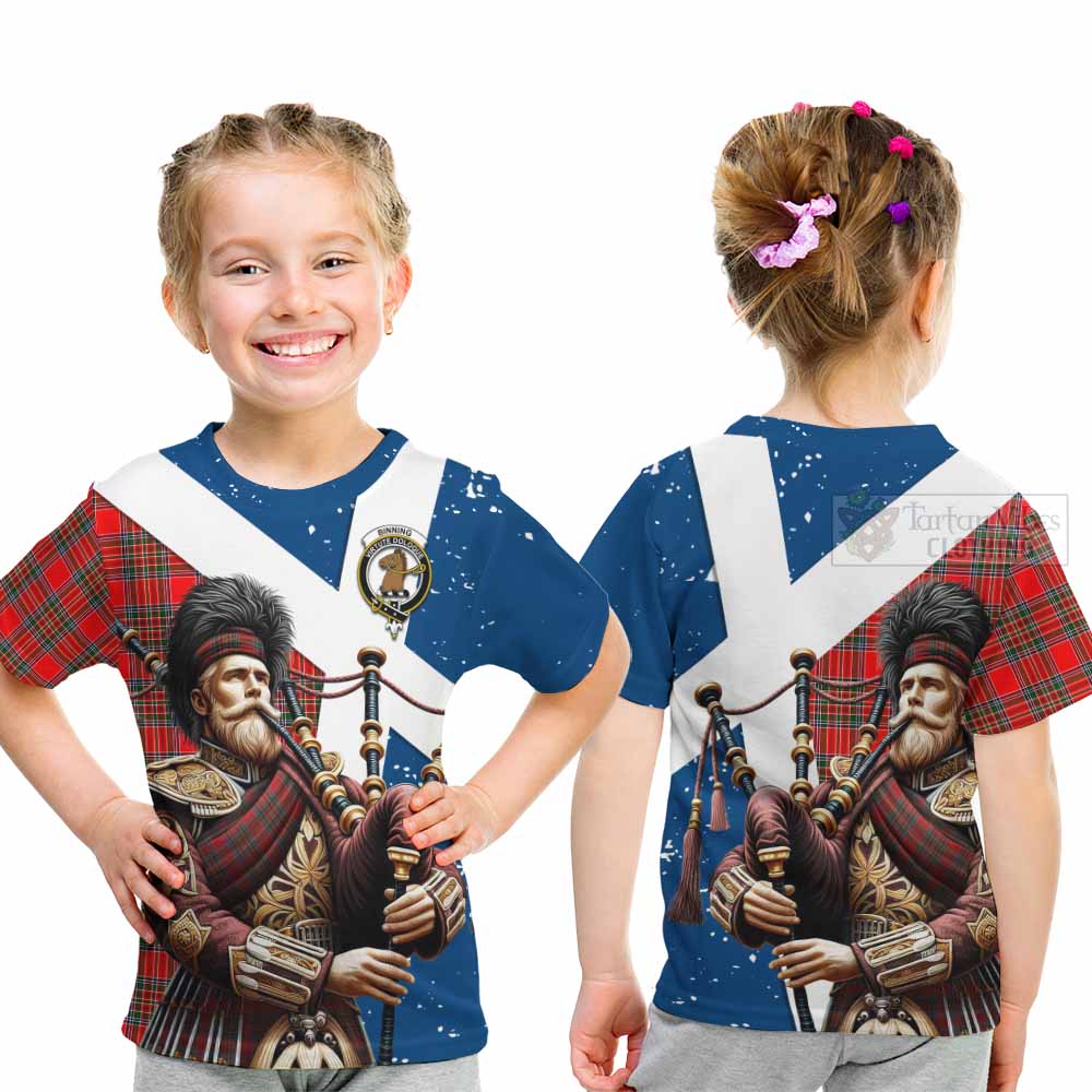 Binning Tartan Kid T-Shirt with Family Crest Scottish Bagpiper Vibes - Tartan Vibes Clothing