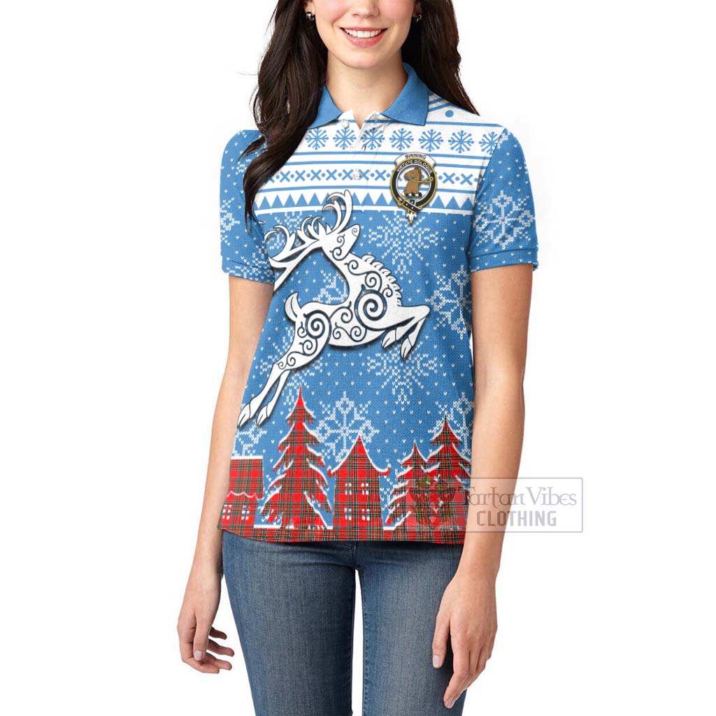 Binning Clan Christmas Women's Polo Shirt Celtic Reindeer Style - Tartan Vibes Clothing