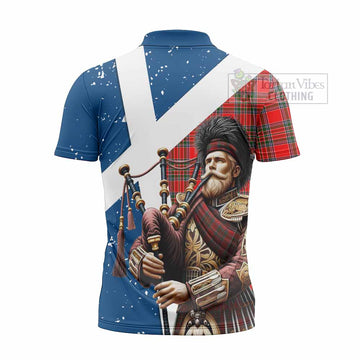 Binning Tartan Zipper Polo Shirt with Family Crest Scottish Bagpiper Vibes - Tartan Vibes Clothing