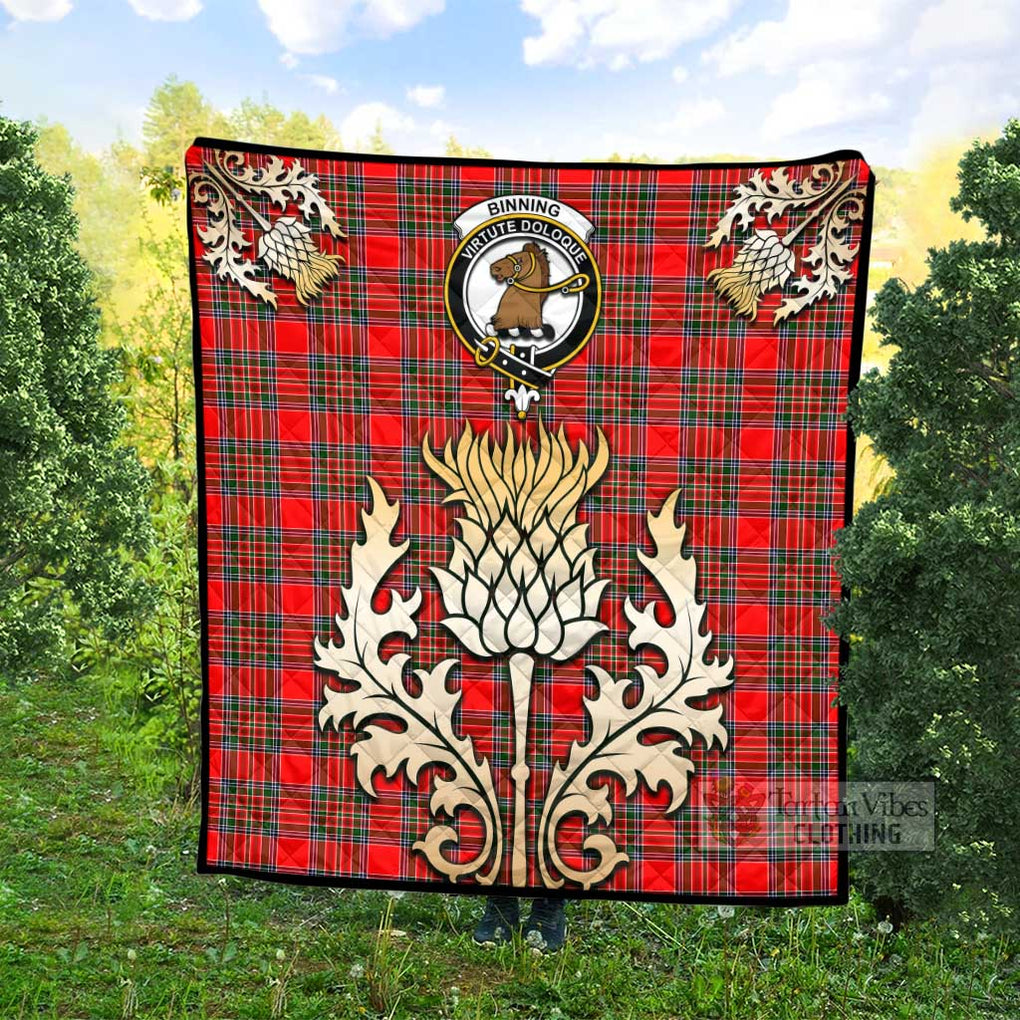 Binning Tartan Quilt with Family Crest and Golden Thistle Style - Tartan Vibes Clothing