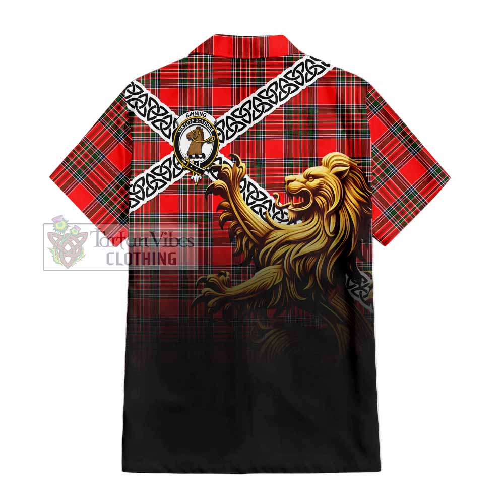 Binning Crest Tartan Hawaiian Shirt with Golden Lion Emblem Celtic Style - Tartan Vibes Clothing