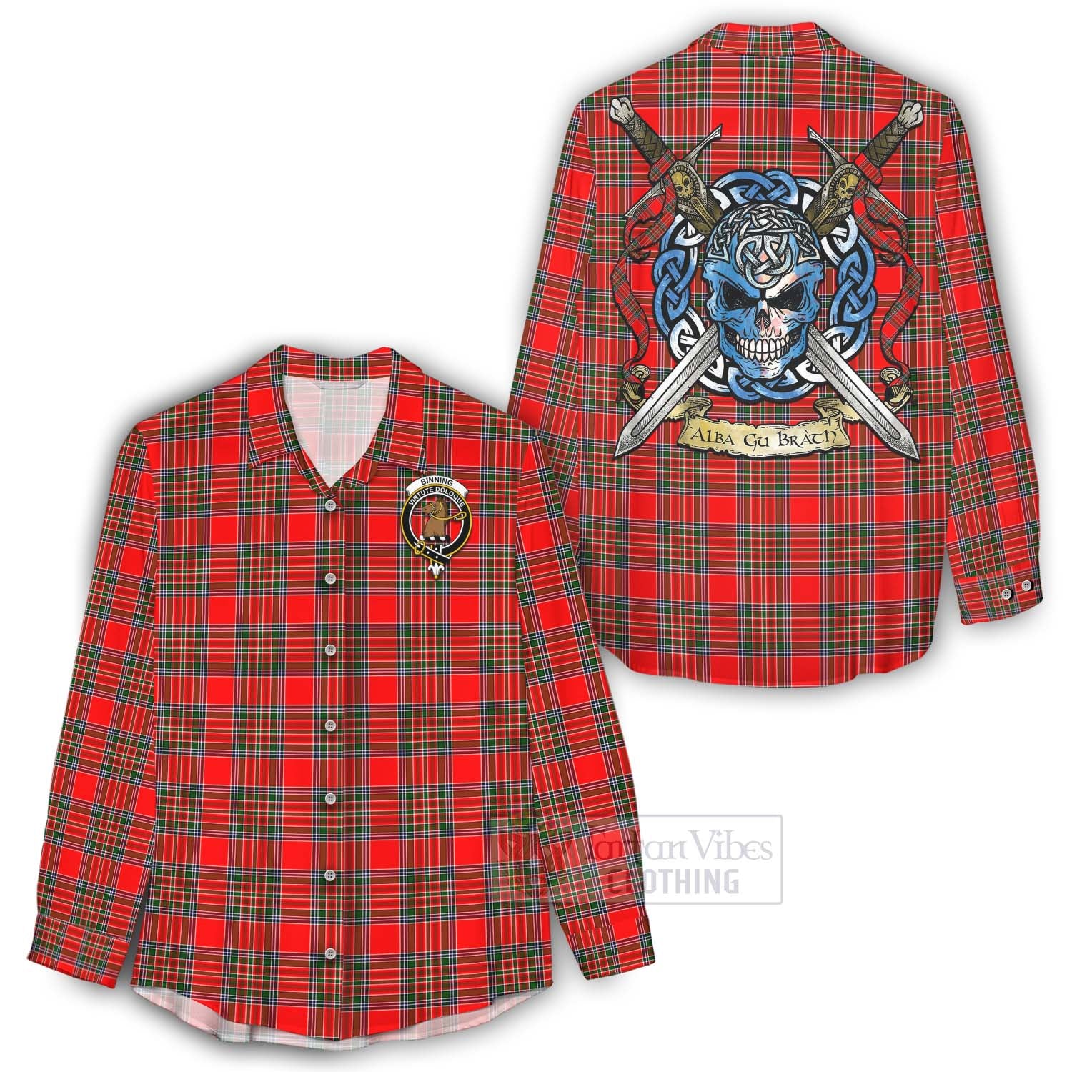 Binning Tartan Women's Casual Shirt with Family Crest Celtic Skull Style - Tartan Vibes Clothing