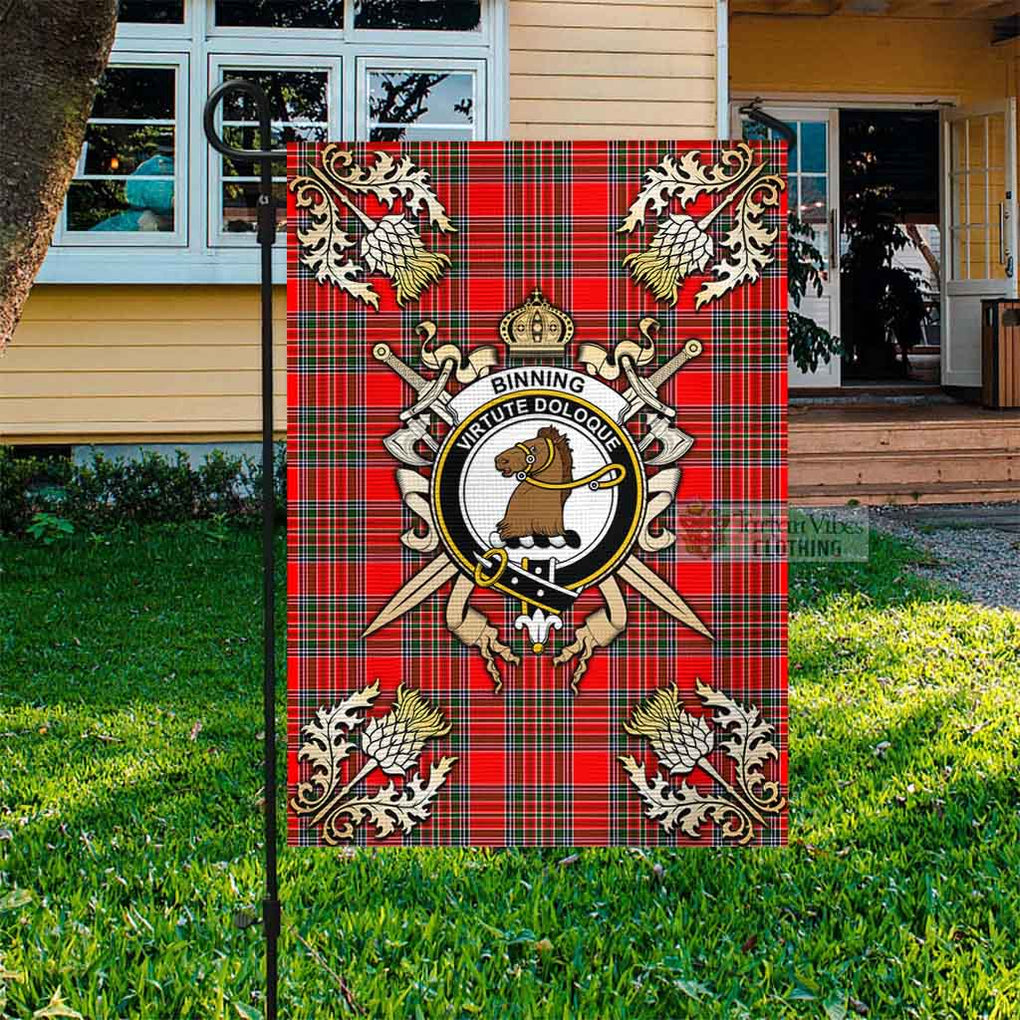 Tartan Vibes Clothing Binning Tartan Flag with Family Crest and Golden Thistle Crossed Sword Design