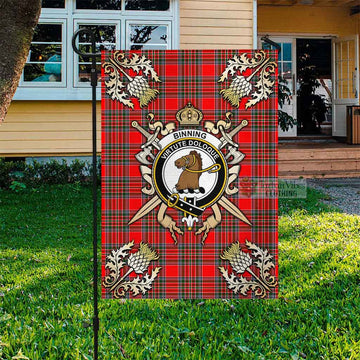 Tartan Vibes Clothing Binning Tartan Flag with Family Crest and Golden Thistle Crossed Sword Design