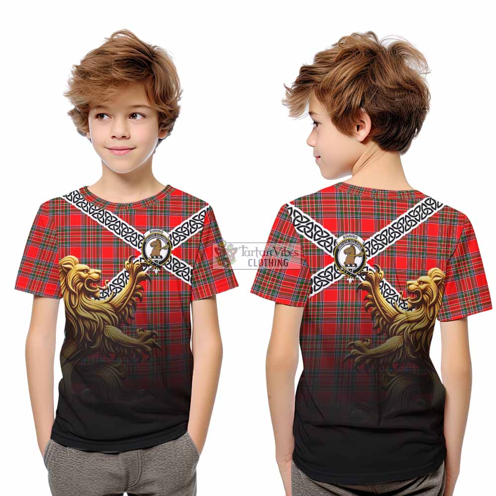 Binning Crest Tartan Kid T-Shirt with Golden Lion Emblem Celtic Style - Tartan Vibes Clothing