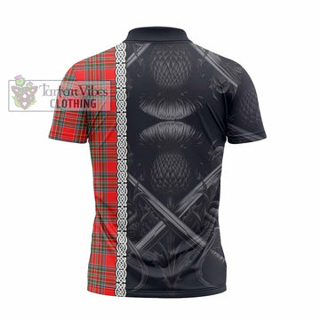 Binning Tartan Zipper Polo Shirt with Family Crest Cross Sword Thistle Celtic Vibes - Tartan Vibes Clothing