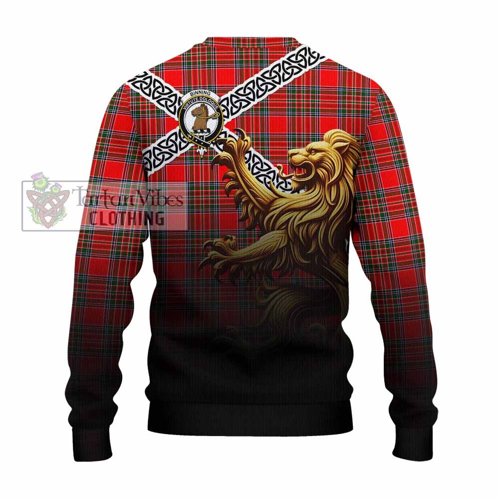 Binning Crest Tartan Knitted Sweater with Golden Lion Emblem Celtic Style - Tartan Vibes Clothing