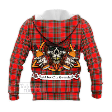 Binning Tartan Knitted Hoodie with Family Crest and Bearded Skull Holding Bottles of Whiskey - Tartan Vibes Clothing