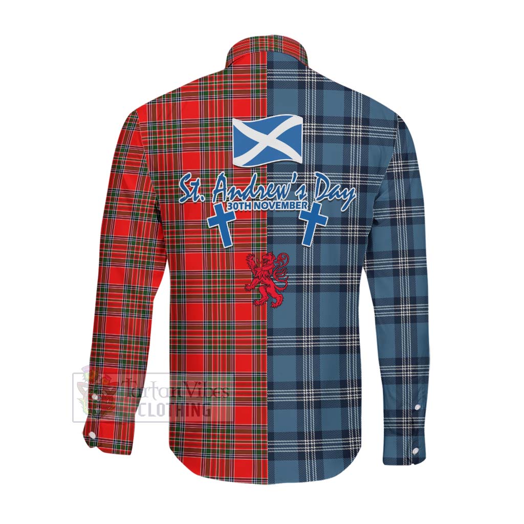 Binning Tartan Long Sleeve Button Shirt Happy St. Andrew's Day Half Tartan Style Men's Shirt - Tartan Vibes Clothing