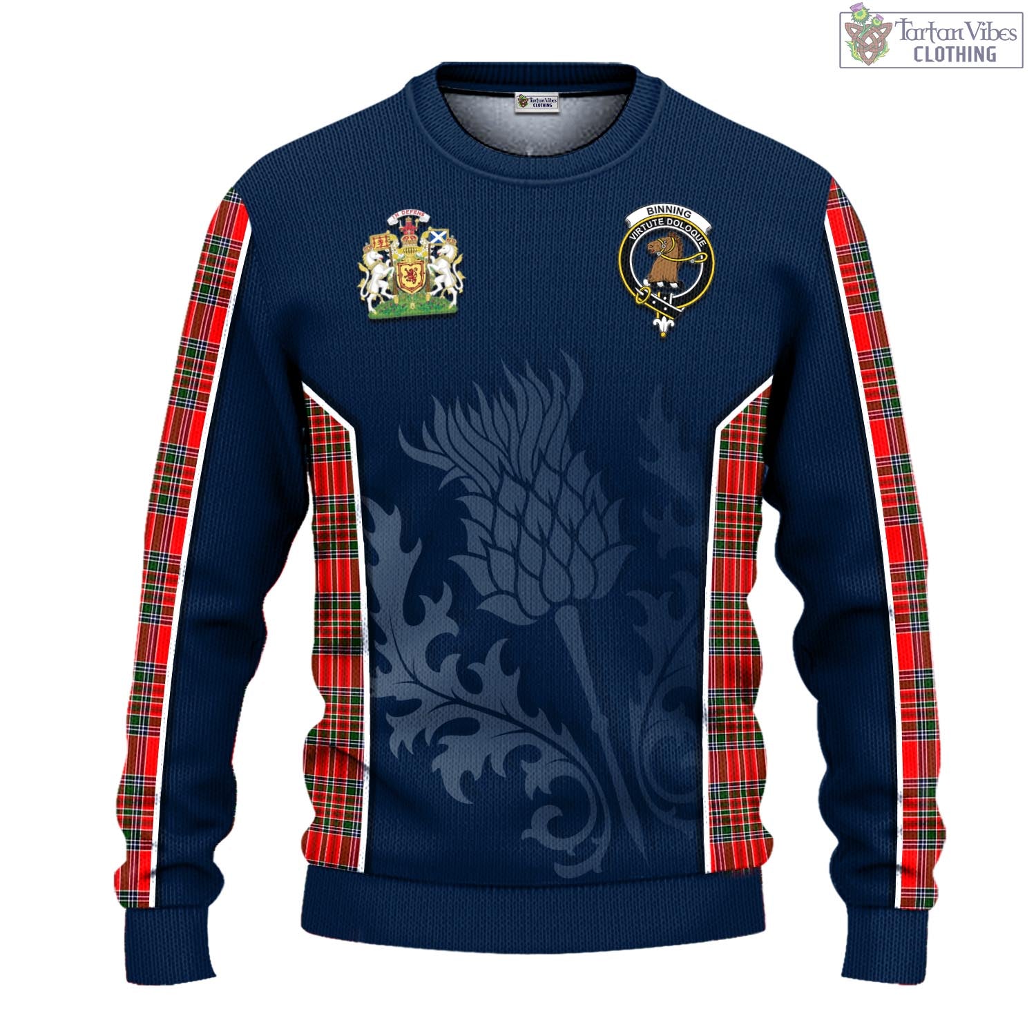 Binning Tartan Knitted Sweatshirt with Family Crest and Scottish Thistle Vibes Sport Style - Tartan Vibes Clothing