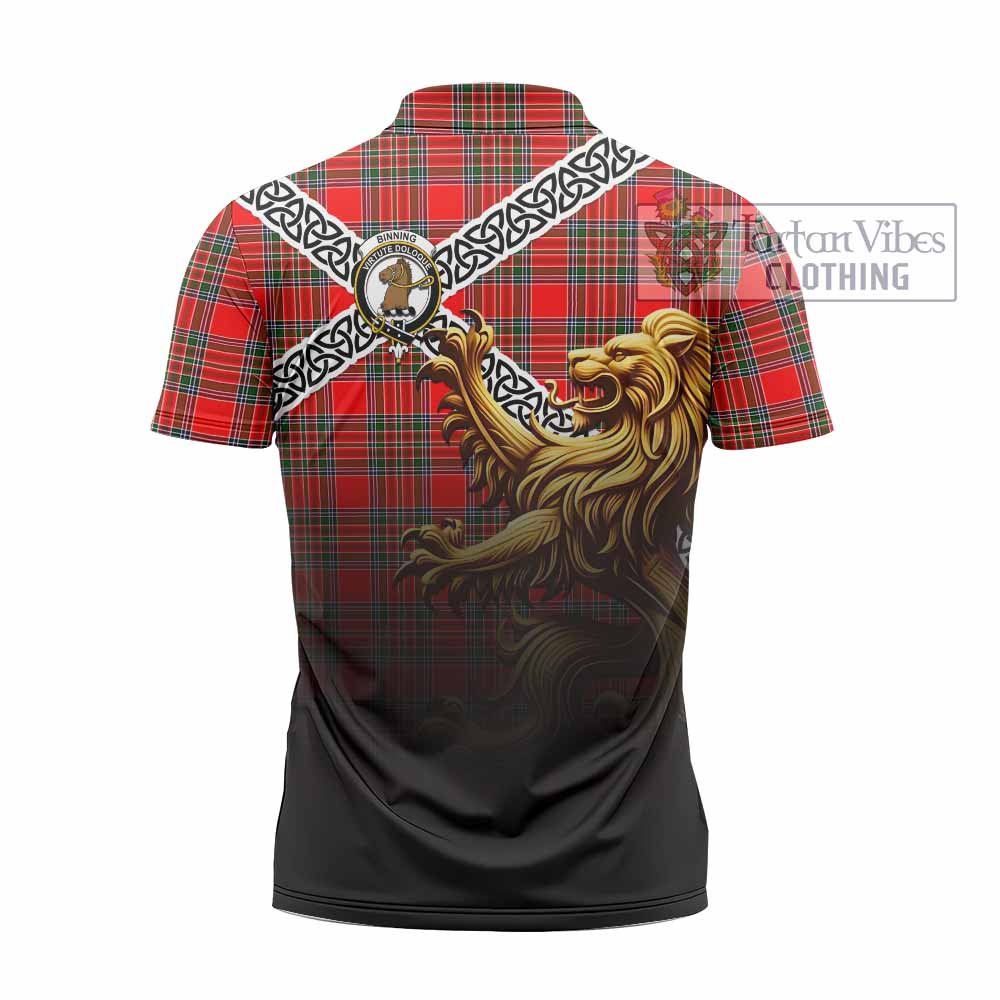 Binning Crest Tartan Zipper Polo Shirt with Golden Lion Emblem Celtic Style - Tartan Vibes Clothing