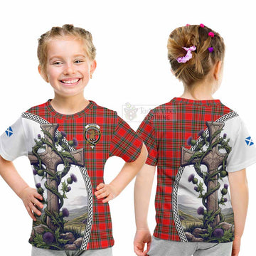 Binning Tartan Kid T-Shirt with Family Crest and St. Andrew's Cross Accented by Thistle Vines - Tartan Vibes Clothing