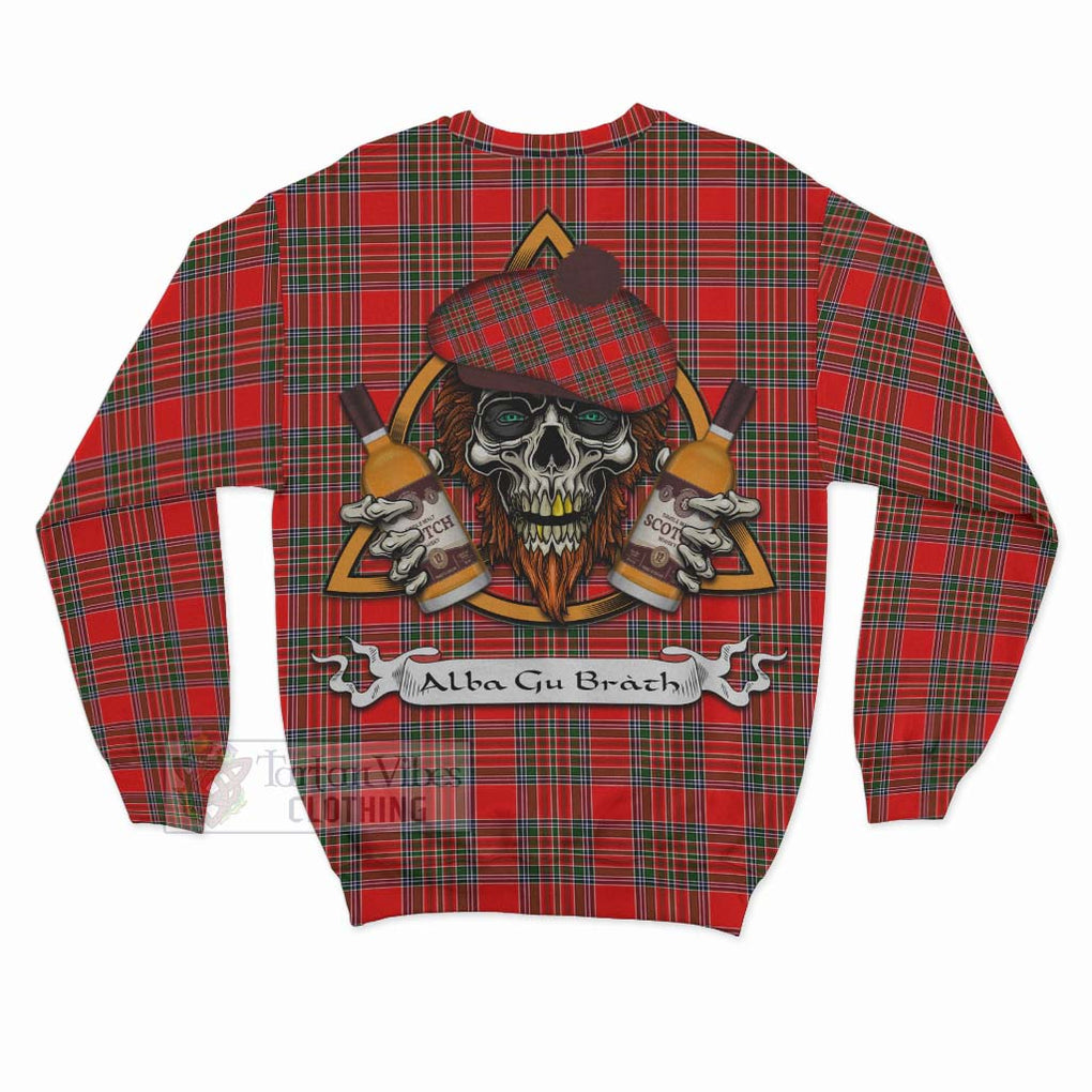 Binning Tartan Sweatshirt with Family Crest and Bearded Skull Holding Bottles of Whiskey - Tartan Vibes Clothing